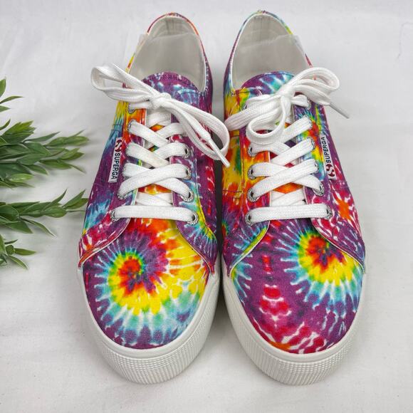 Superga Canvas Sneakers Rainbow Tie Dye Platform 2790 Size 39.5 - US 9 Like New - Picture 1 of 9